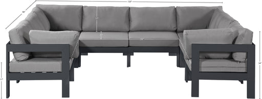Meridian Furniture - Nizuc 120" Water Resistant Fabric Upholstered Outdoor Patio 8 Piece Modular Sectional - 376Grey-Sec8B - GreatFurnitureDeal