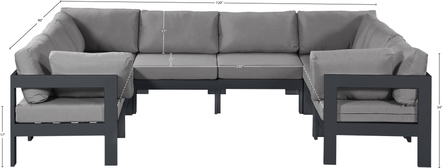 Meridian Furniture - Nizuc 120" Water Resistant Fabric Upholstered Outdoor Patio 8 Piece Modular Sectional - 376Grey-Sec8B - GreatFurnitureDeal