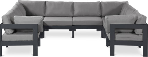 Meridian Furniture - Nizuc 120" Water Resistant Fabric Upholstered Outdoor Patio 8 Piece Modular Sectional - 376Grey-Sec8B - GreatFurnitureDeal