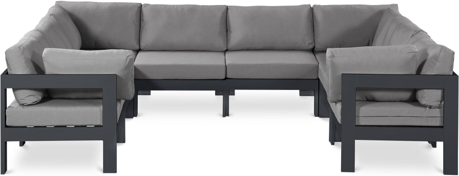 Meridian Furniture - Nizuc 120" Water Resistant Fabric Upholstered Outdoor Patio 8 Piece Modular Sectional - 376Grey-Sec8B - GreatFurnitureDeal