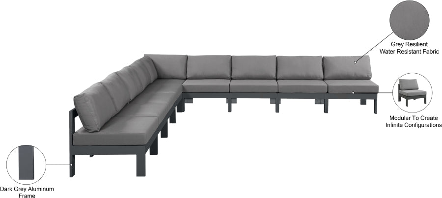 Meridian Furniture - Nizuc 150" Water Resistant Fabric Upholstered Outdoor Patio 9 Piece Modular Sectional - 376Grey-Sec9A - GreatFurnitureDeal