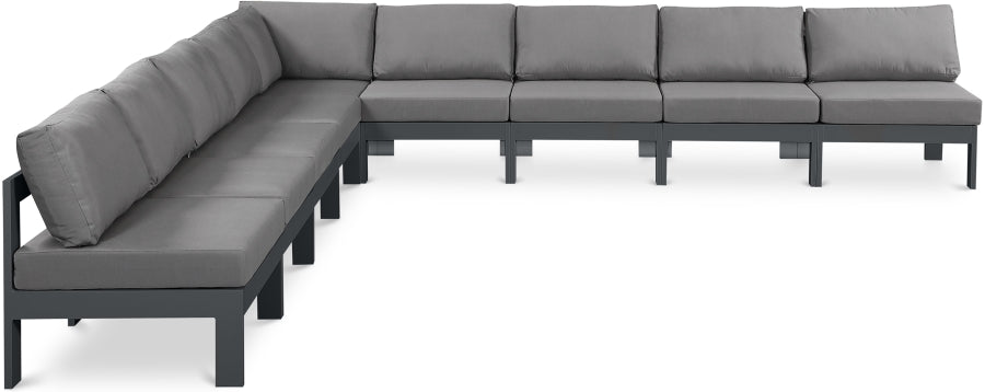 Meridian Furniture - Nizuc 150" Water Resistant Fabric Upholstered Outdoor Patio 9 Piece Modular Sectional - 376Grey-Sec9A - GreatFurnitureDeal