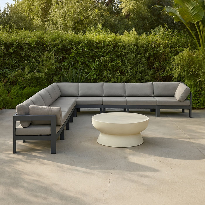 Meridian Furniture - Nizuc 150" Water Resistant Fabric Upholstered Outdoor Patio 9 Piece Modular Sectional - 376Grey-Sec9B - GreatFurnitureDeal