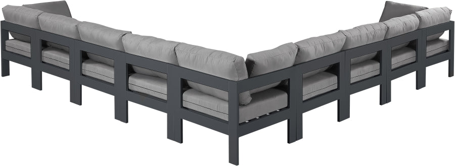 Meridian Furniture - Nizuc 150" Water Resistant Fabric Upholstered Outdoor Patio 9 Piece Modular Sectional - 376Grey-Sec9B - GreatFurnitureDeal