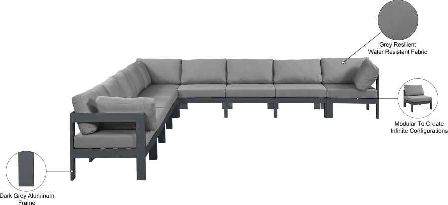 Meridian Furniture - Nizuc 150" Water Resistant Fabric Upholstered Outdoor Patio 9 Piece Modular Sectional - 376Grey-Sec9B - GreatFurnitureDeal