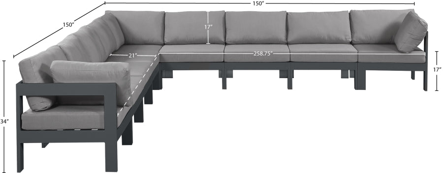 Meridian Furniture - Nizuc 150" Water Resistant Fabric Upholstered Outdoor Patio 9 Piece Modular Sectional - 376Grey-Sec9B - GreatFurnitureDeal