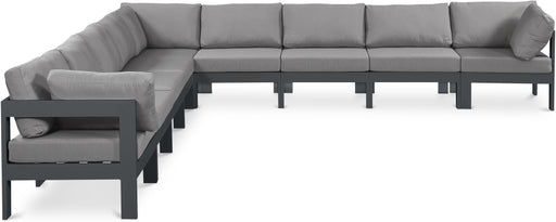 Meridian Furniture - Nizuc 150" Water Resistant Fabric Upholstered Outdoor Patio 9 Piece Modular Sectional - 376Grey-Sec9B - GreatFurnitureDeal