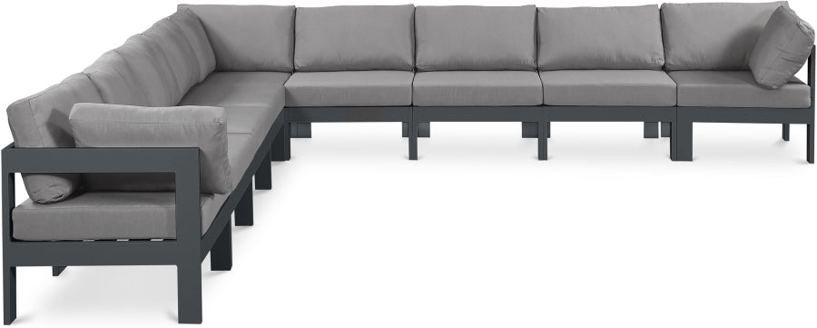 Meridian Furniture - Nizuc 150" Water Resistant Fabric Upholstered Outdoor Patio 9 Piece Modular Sectional - 376Grey-Sec9B - GreatFurnitureDeal