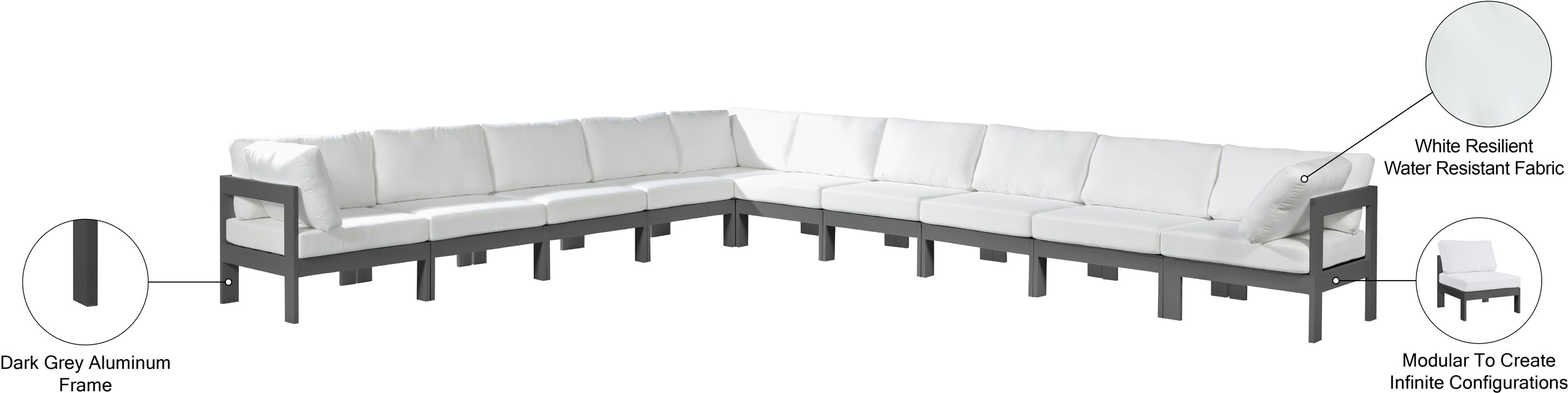 Meridian Furniture - Nizuc 180" Water Resistant Fabric Upholstered Outdoor Patio 10 Piece Modular Sectional - 376White-Sec10A - GreatFurnitureDeal