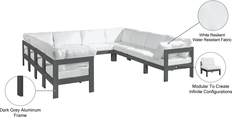 Meridian Furniture - Nizuc 120" Water Resistant Fabric Upholstered Outdoor Patio 10 Piece Modular Sectional - 376White-Sec10B - GreatFurnitureDeal