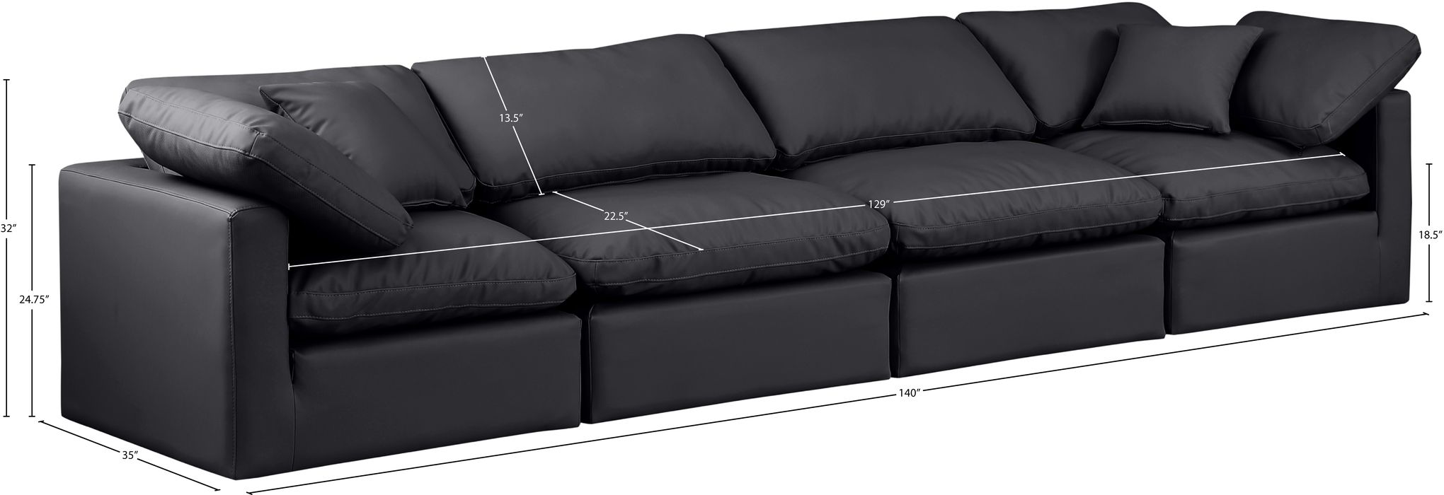 Meridian Furniture - Indulge 140" Black Vegan Leather Upholstered 4pc. Sofa - 146Black-S140 - GreatFurnitureDeal