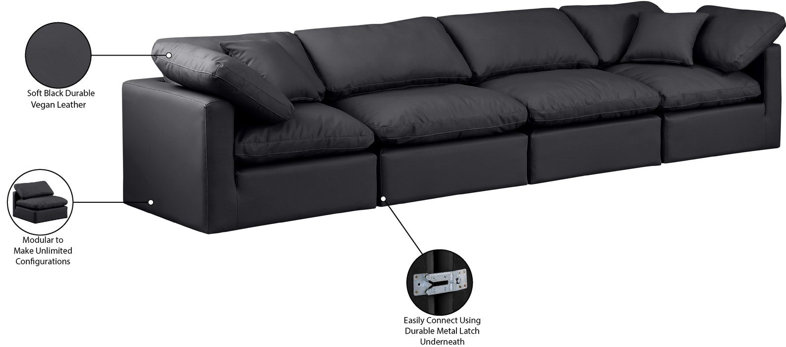 Meridian Furniture - Indulge 140" Black Vegan Leather Upholstered 4pc. Sofa - 146Black-S140 - GreatFurnitureDeal