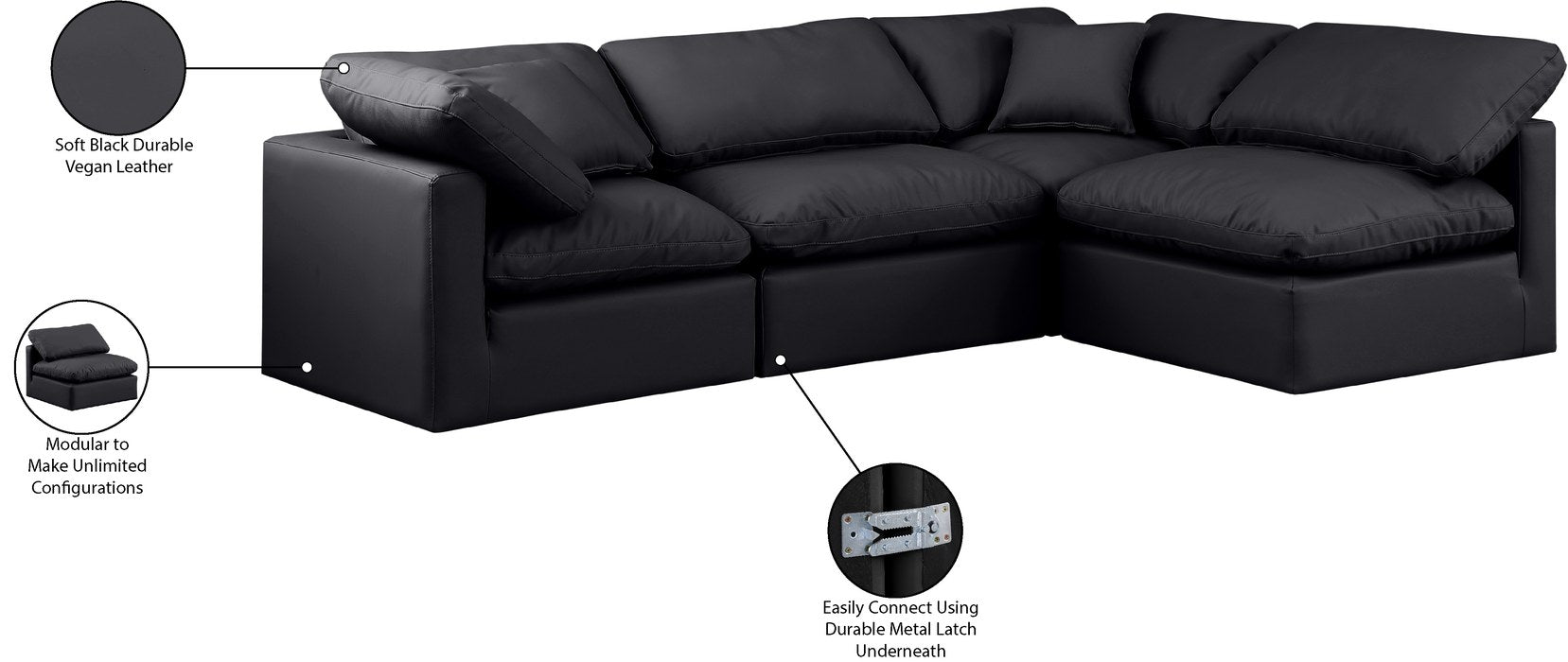 Meridian Furniture - Indulge 105" Black Vegan Leather Upholstered 4pc. Sectional - 146Black-Sec4B - GreatFurnitureDeal
