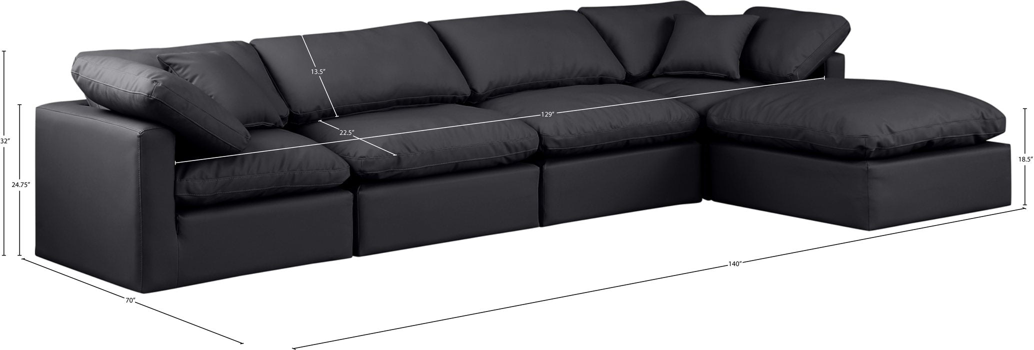 Meridian Furniture - Indulge 140" Black Vegan Leather Upholstered 5pc. Sectional - 146Black-Sec5A - GreatFurnitureDeal