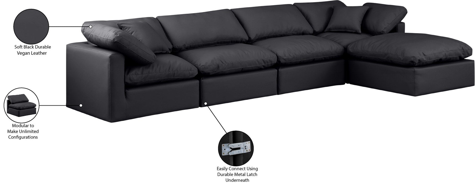 Meridian Furniture - Indulge 140" Black Vegan Leather Upholstered 5pc. Sectional - 146Black-Sec5A - GreatFurnitureDeal