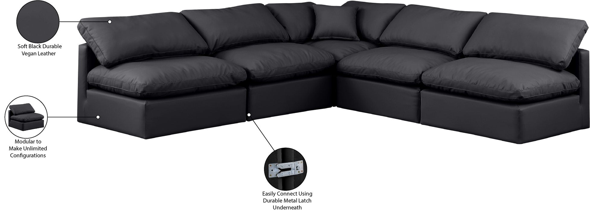 Meridian Furniture - Indulge 105" Black Vegan Leather Upholstered 5pc. Sectional - 146Black-Sec5B - GreatFurnitureDeal