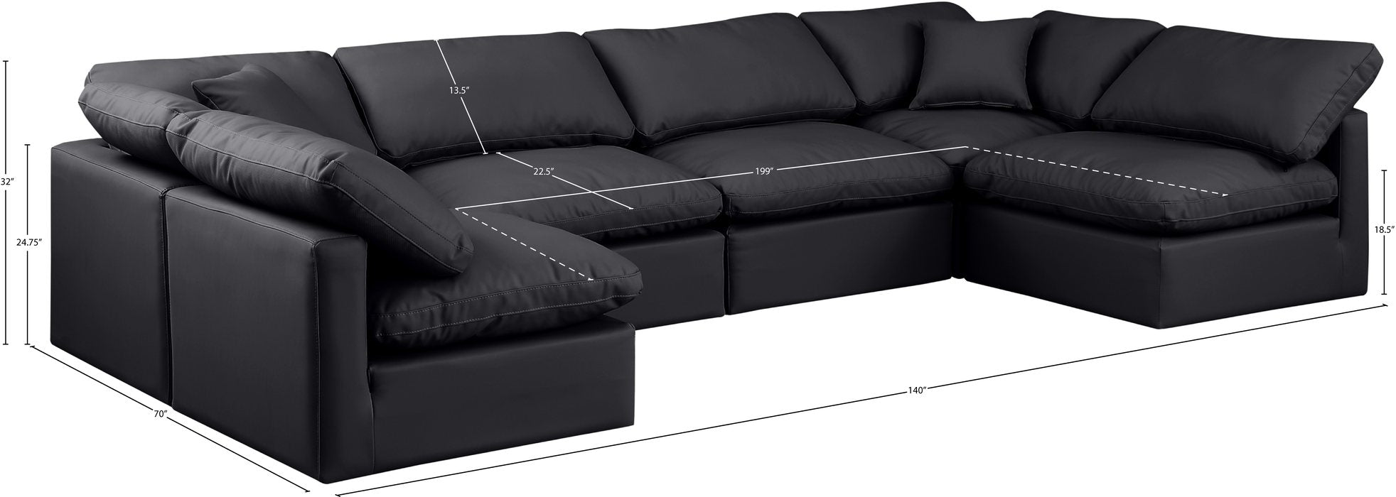 Meridian Furniture - Indulge 140" Black Vegan Leather Upholstered 6pc. Sectional - 146Black-Sec6D - GreatFurnitureDeal