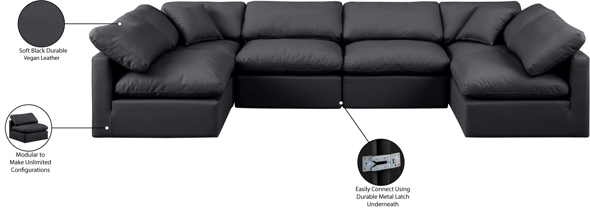 Meridian Furniture - Indulge 140" Black Vegan Leather Upholstered 6pc. Sectional - 146Black-Sec6D - GreatFurnitureDeal