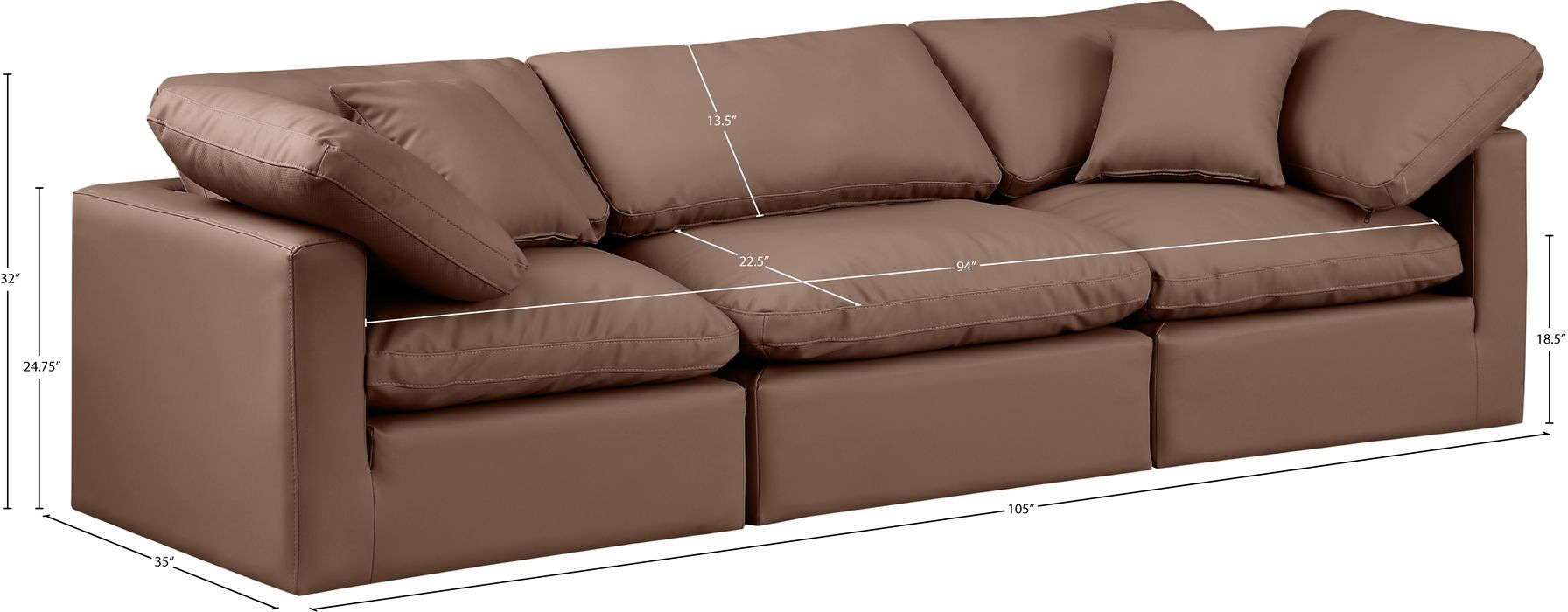 Meridian Furniture - Indulge 105" Brown Vegan Leather Upholstered 3pc. Sofa - 146Brown-S105 - GreatFurnitureDeal