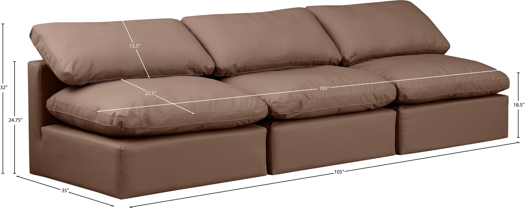 Meridian Furniture - Indulge 105" Brown Vegan Leather Upholstered 3pc. Armless Sofa - 146Brown-S3 - GreatFurnitureDeal