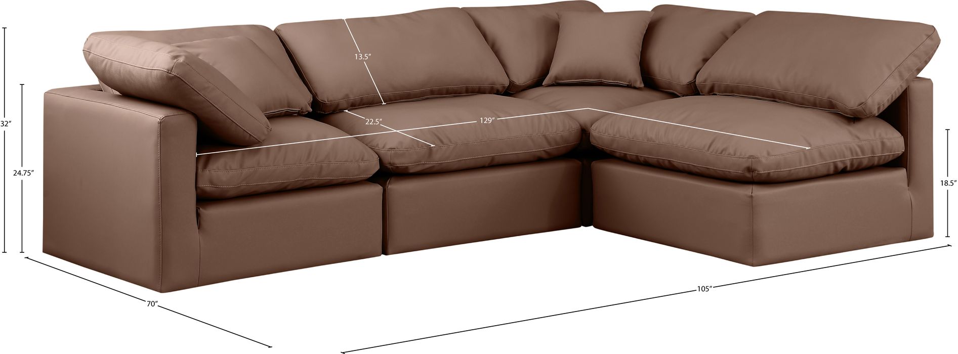Meridian Furniture - Indulge 105" Brown Vegan Leather Upholstered 4pc. Sectional - 146Brown-Sec4B - GreatFurnitureDeal
