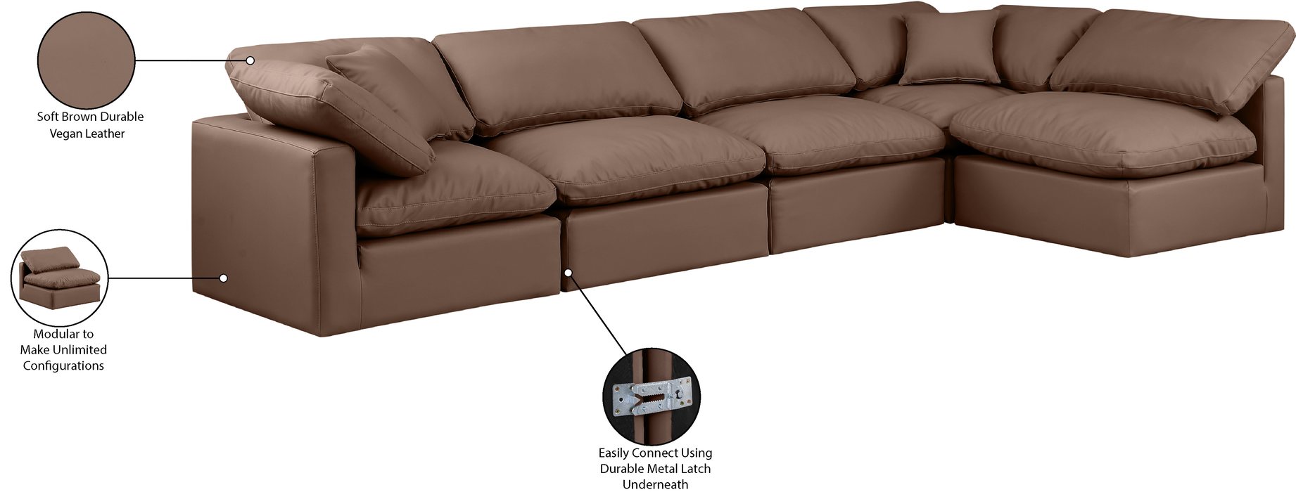 Meridian Furniture - Indulge 140" Brown Vegan Leather Upholstered 5pc. Sectional - 146Brown-Sec5D - GreatFurnitureDeal