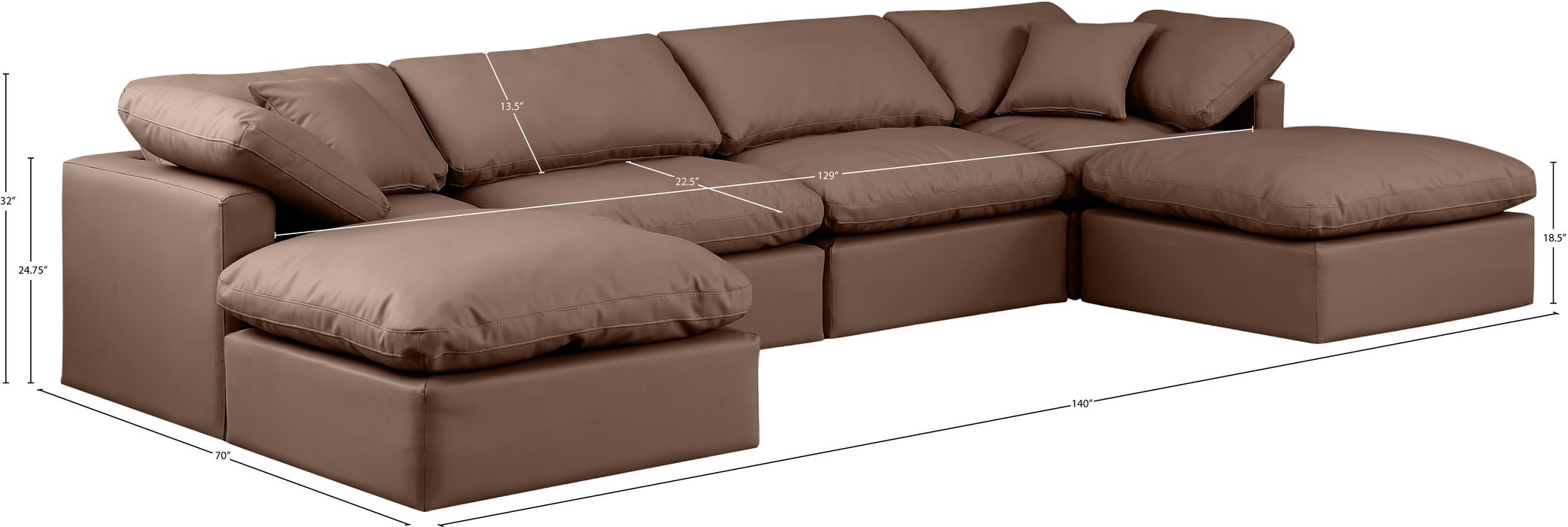 Meridian Furniture - Indulge 140" Brown Vegan Leather Upholstered 6pc. Sectional - 146Brown-Sec6B - GreatFurnitureDeal
