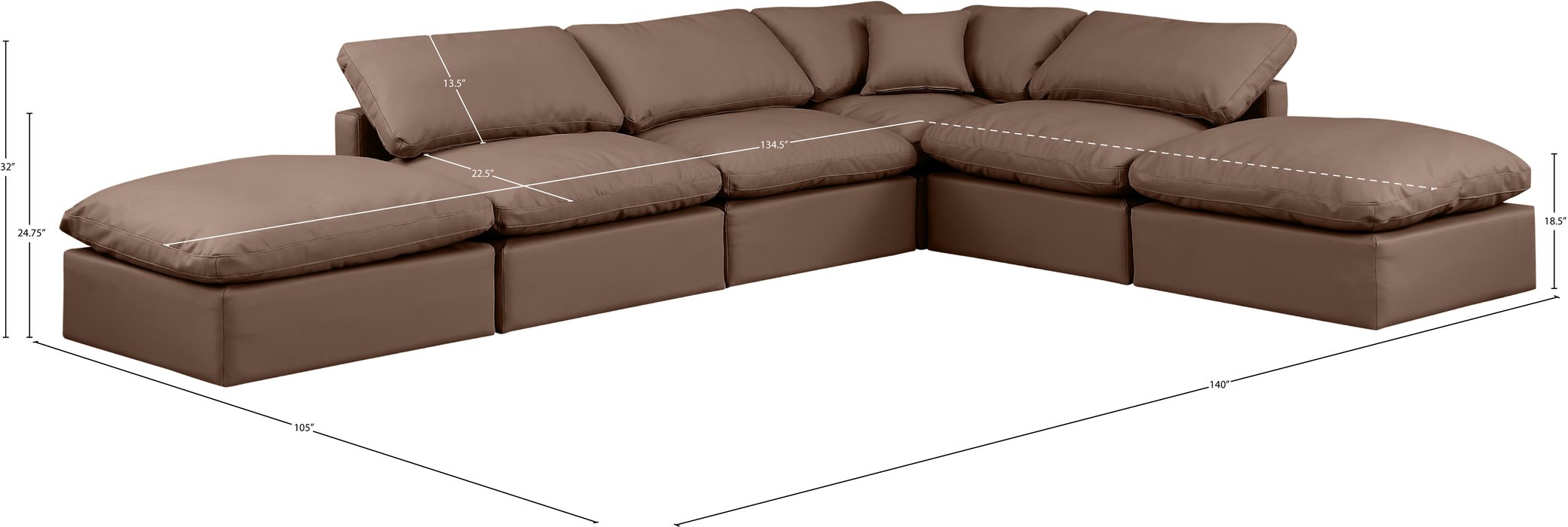 Meridian Furniture - Indulge 140" Brown Vegan Leather Upholstered 6pc. Sectional - 146Brown-Sec6E - GreatFurnitureDeal