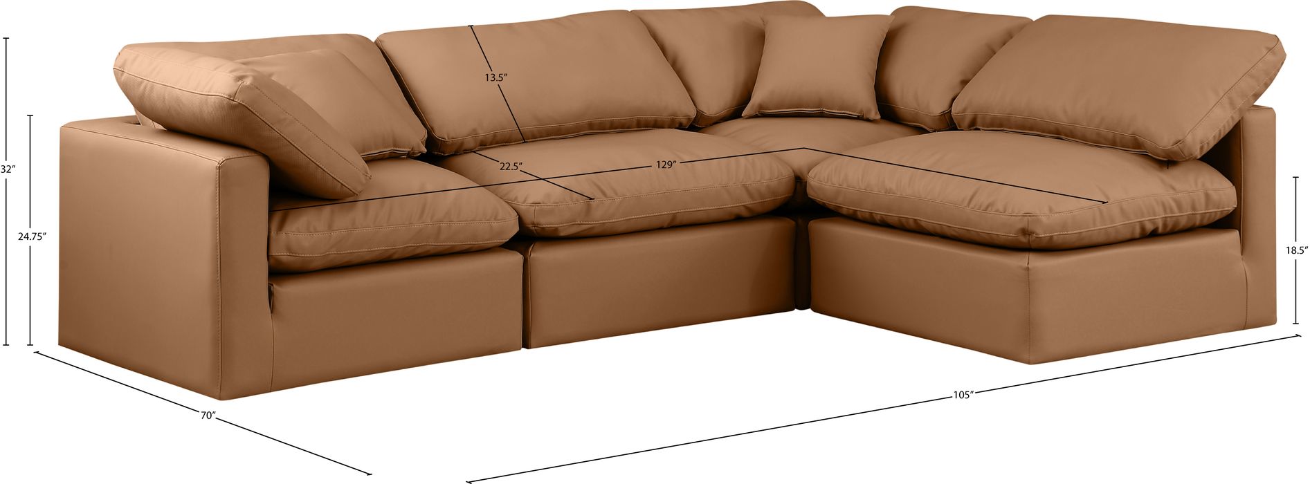 Meridian Furniture - Indulge 105" Cognac Vegan Leather Upholstered 4pc. Sectional - 146Cognac-Sec4B - GreatFurnitureDeal