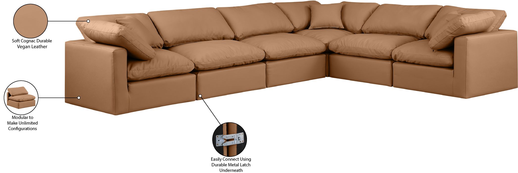Meridian Furniture - Indulge 140" Cognac Vegan Leather Upholstered 6pc. Sectional - 146Cognac-Sec6A - GreatFurnitureDeal