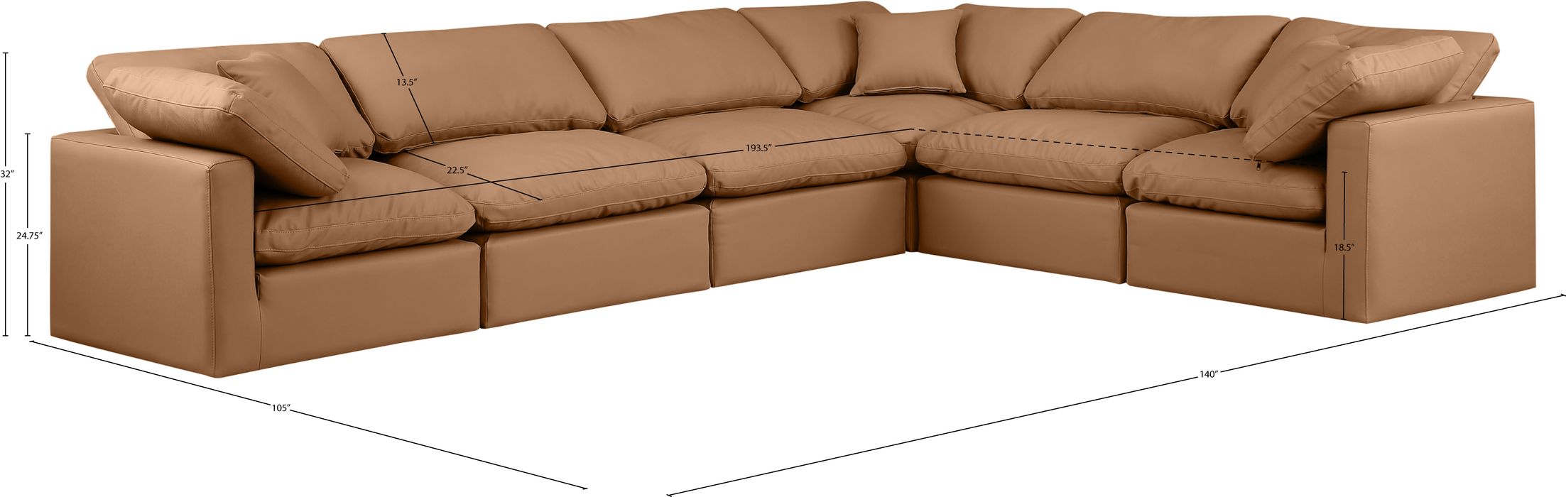 Meridian Furniture - Indulge 140" Cognac Vegan Leather Upholstered 6pc. Sectional - 146Cognac-Sec6A - GreatFurnitureDeal