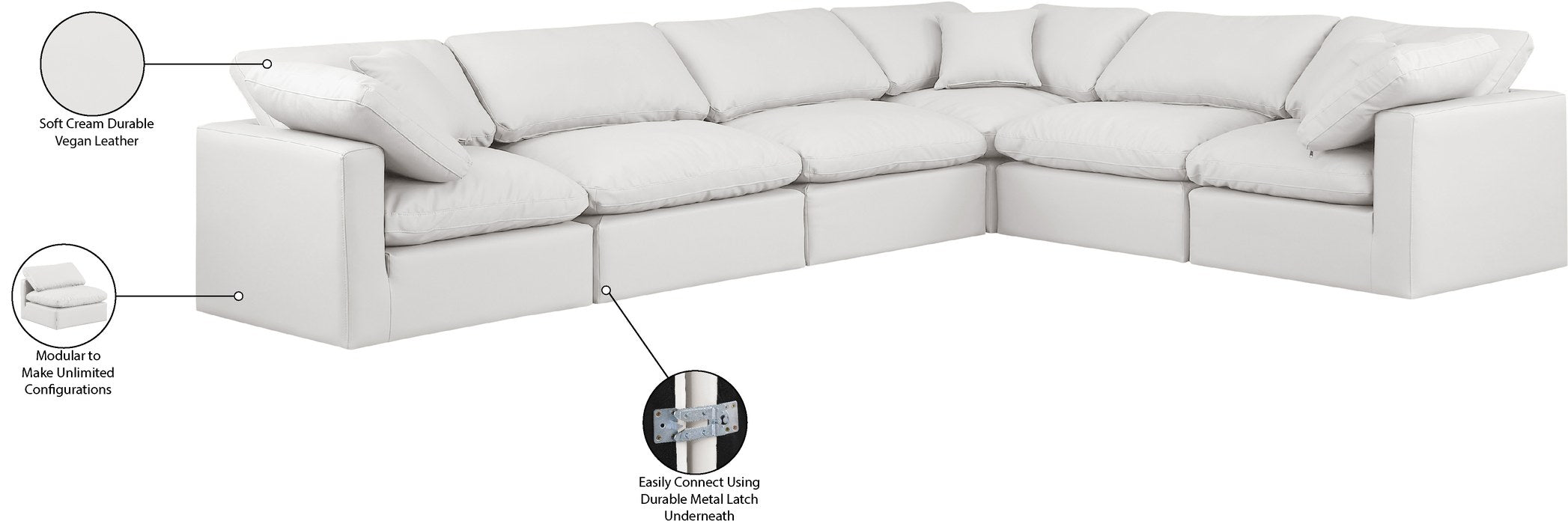 Meridian Furniture - Indulge 140" Cream Vegan Leather Upholstered 6pc. Sectional - 146Cream-Sec6A - GreatFurnitureDeal