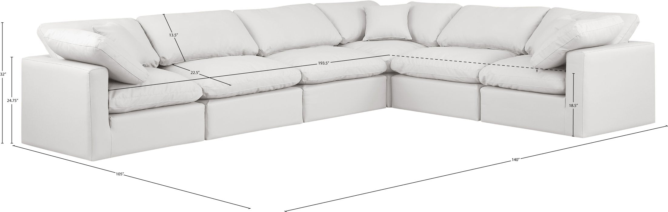 Meridian Furniture - Indulge 140" Cream Vegan Leather Upholstered 6pc. Sectional - 146Cream-Sec6A - GreatFurnitureDeal