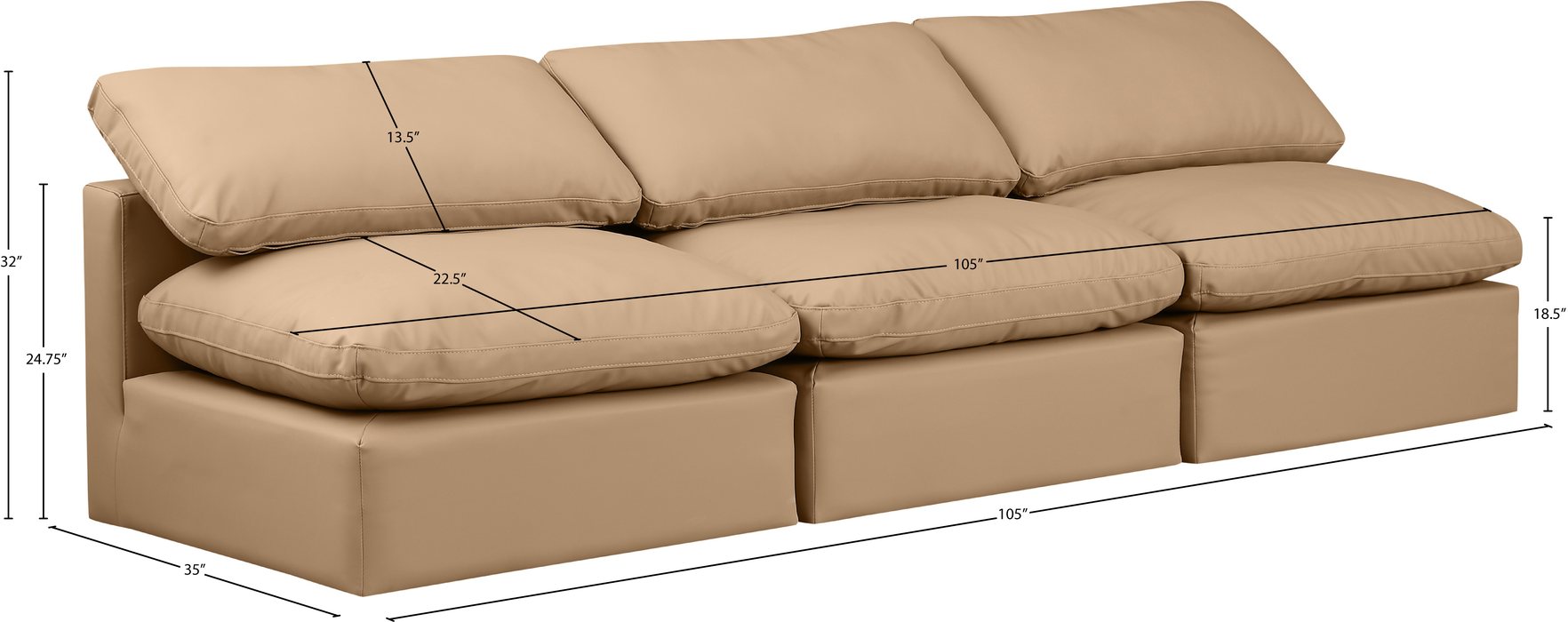 Meridian Furniture - Indulge 105" Tan Vegan Leather Upholstered 3pc. Armless Sofa - 146Tan-S3 - GreatFurnitureDeal