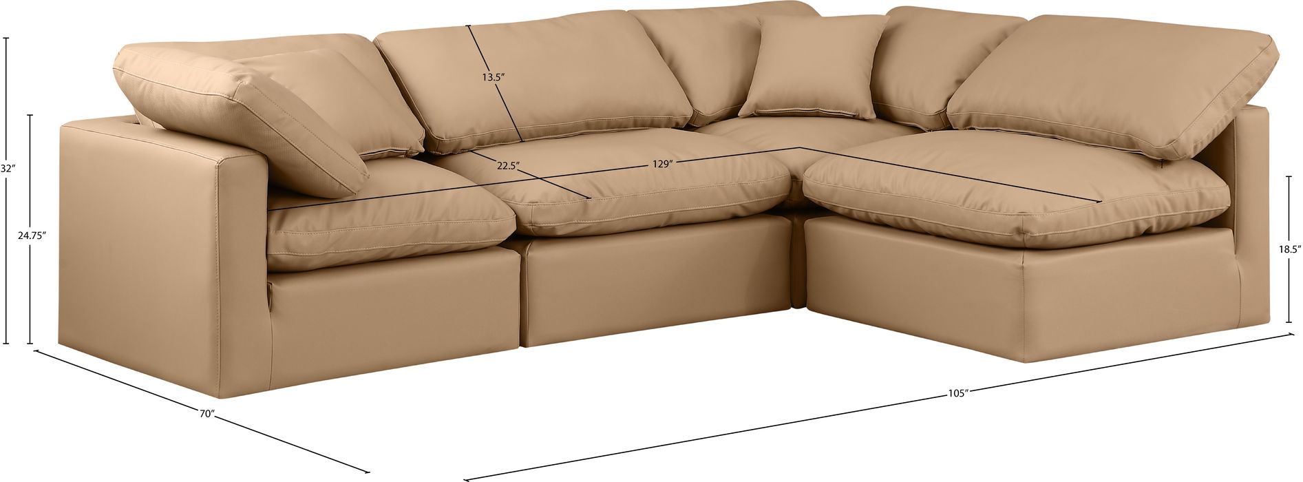 Meridian Furniture - Indulge 105" Tan Vegan Leather Upholstered 4pc. Sectional - 146Tan-Sec4B - GreatFurnitureDeal