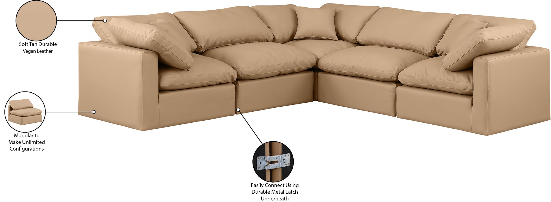 Meridian Furniture - Indulge 105" Tan Vegan Leather Upholstered 5pc. Sectional - 146Tan-Sec5C - GreatFurnitureDeal