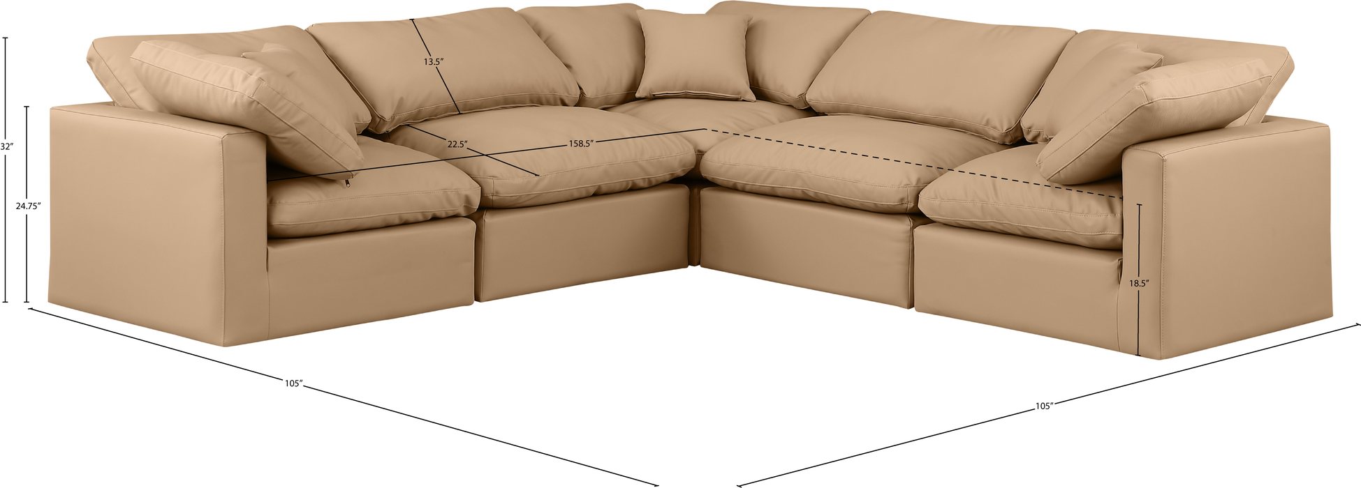 Meridian Furniture - Indulge 105" Tan Vegan Leather Upholstered 5pc. Sectional - 146Tan-Sec5C - GreatFurnitureDeal