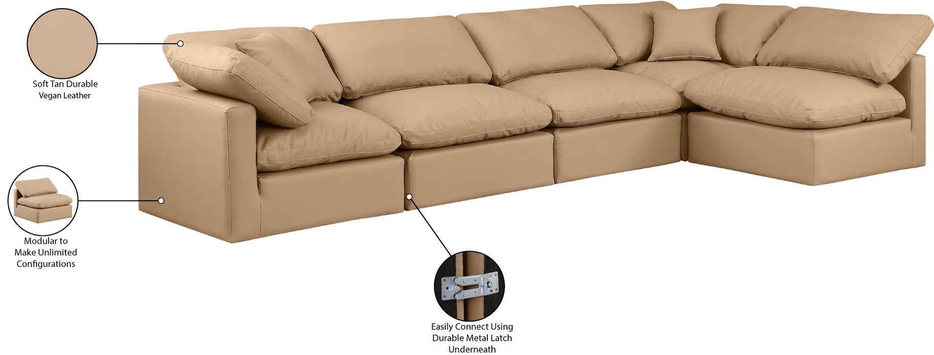 Meridian Furniture - Indulge 140" Tan Vegan Leather Upholstered 5pc. Sectional - 146Tan-Sec5D - GreatFurnitureDeal