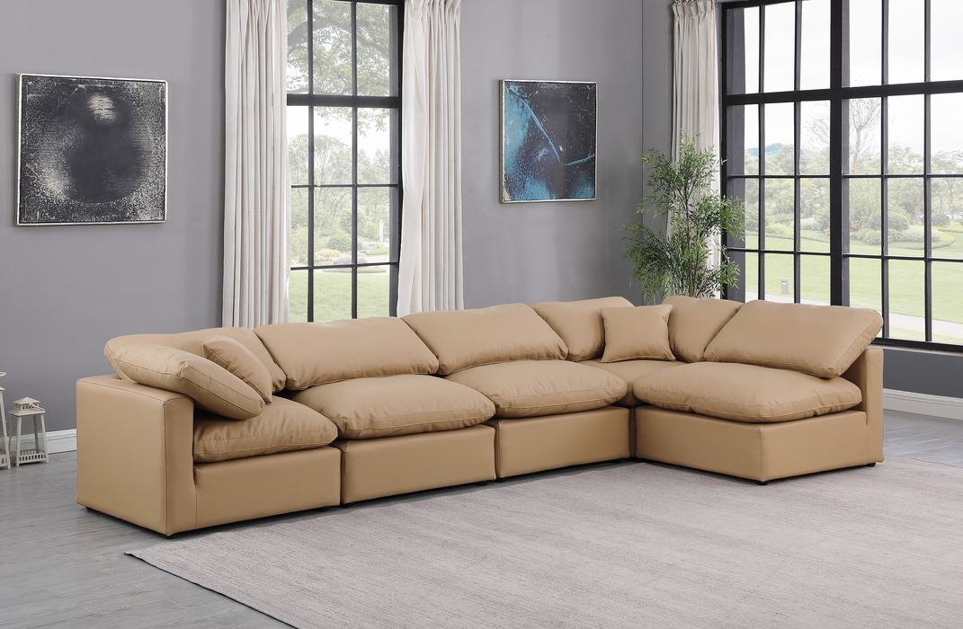 Meridian Furniture - Indulge 140" Tan Vegan Leather Upholstered 5pc. Sectional - 146Tan-Sec5D - GreatFurnitureDeal