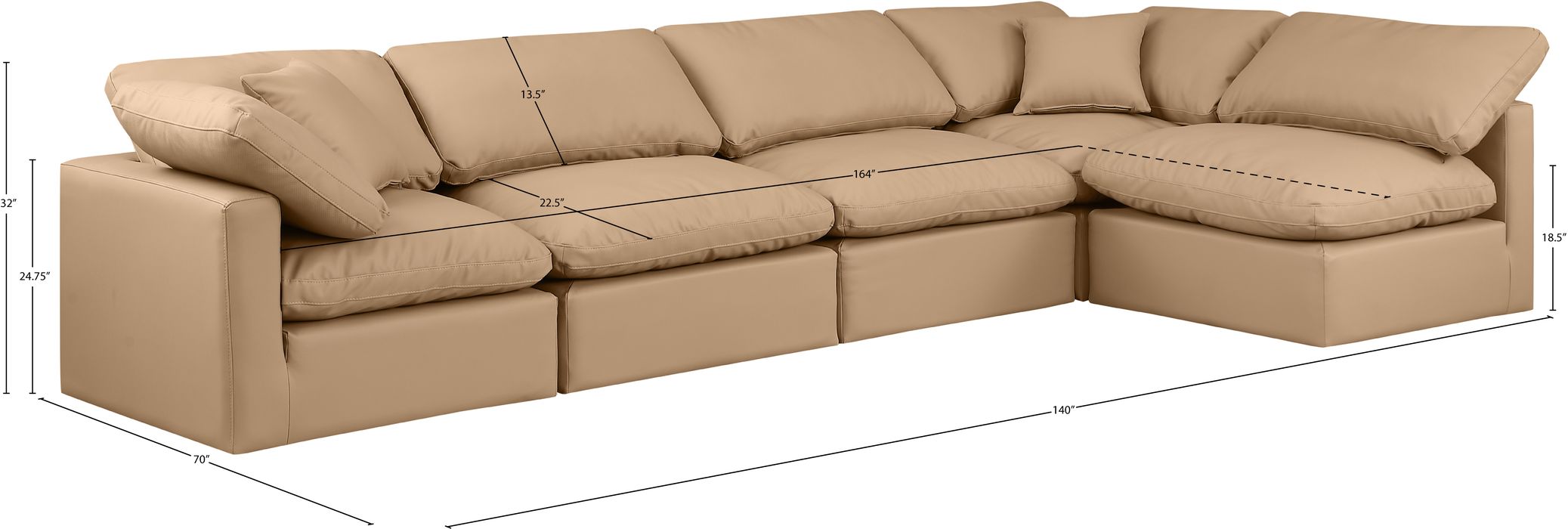 Meridian Furniture - Indulge 140" Tan Vegan Leather Upholstered 5pc. Sectional - 146Tan-Sec5D - GreatFurnitureDeal