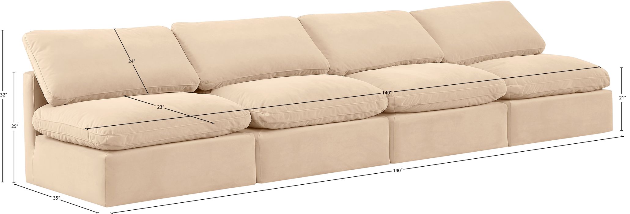 Meridian Furniture - Indulge 140" Beige Velvet Upholstered 4pc. Armless Sofa - 147Beige-S4 - GreatFurnitureDeal
