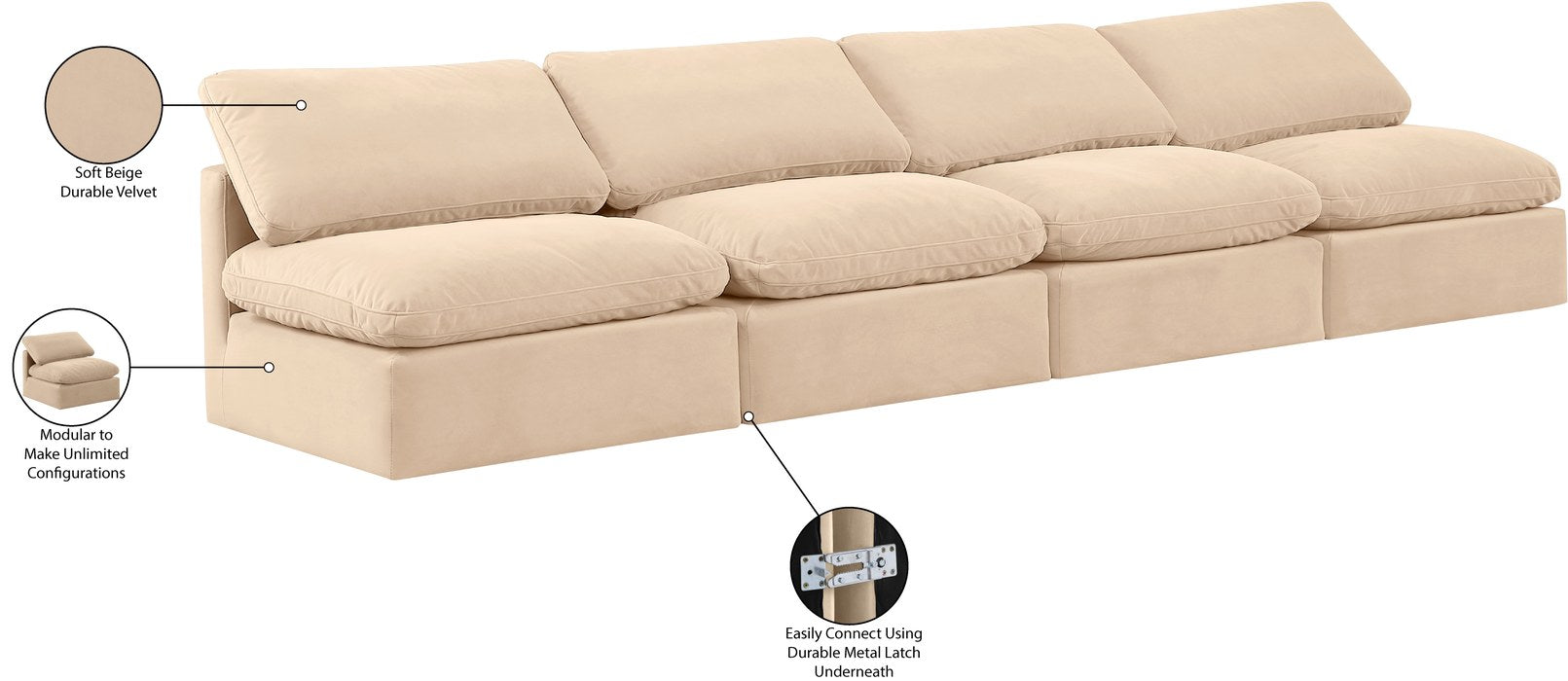 Meridian Furniture - Indulge 140" Beige Velvet Upholstered 4pc. Armless Sofa - 147Beige-S4 - GreatFurnitureDeal