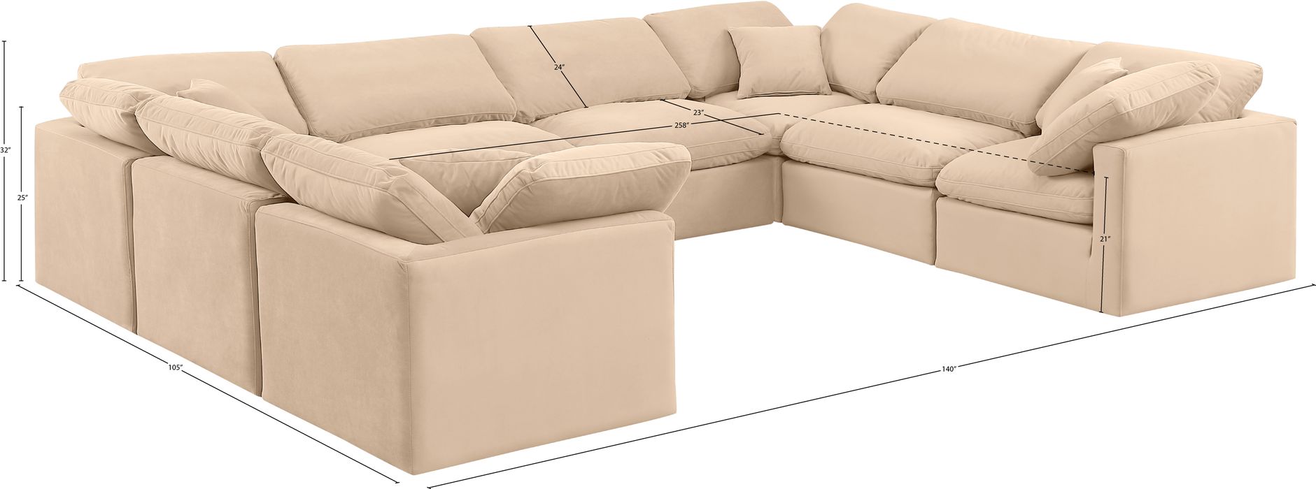Meridian Furniture - Indulge 140" Beige Velvet Upholstered 8pc. Sectional - 147Beige-Sec8A - GreatFurnitureDeal