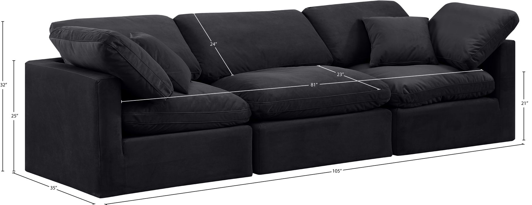 Meridian Furniture - Indulge 105" Black Velvet Upholstered 3pc. Sofa - 147Black-S105 - GreatFurnitureDeal