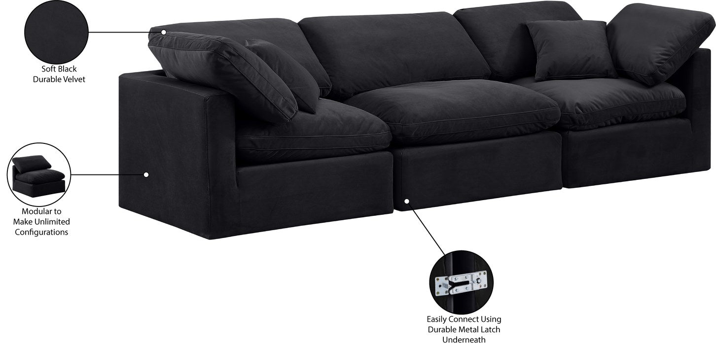 Meridian Furniture - Indulge 105" Black Velvet Upholstered 3pc. Sofa - 147Black-S105 - GreatFurnitureDeal