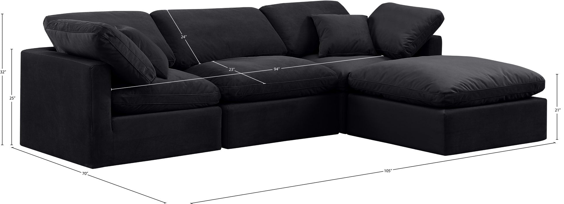 Meridian Furniture - Indulge 105" Black Velvet Upholstered 4pc. Sectional - 147Black-Sec4A - GreatFurnitureDeal