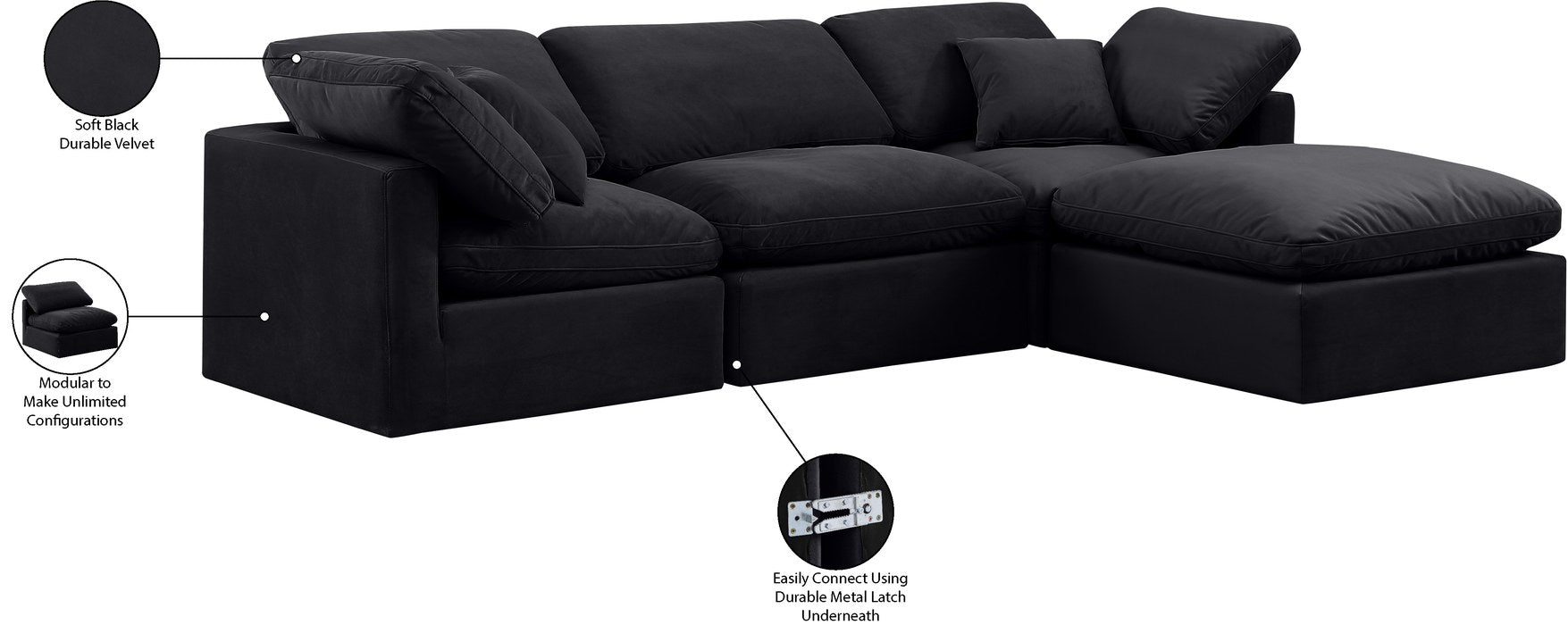 Meridian Furniture - Indulge 105" Black Velvet Upholstered 4pc. Sectional - 147Black-Sec4A - GreatFurnitureDeal