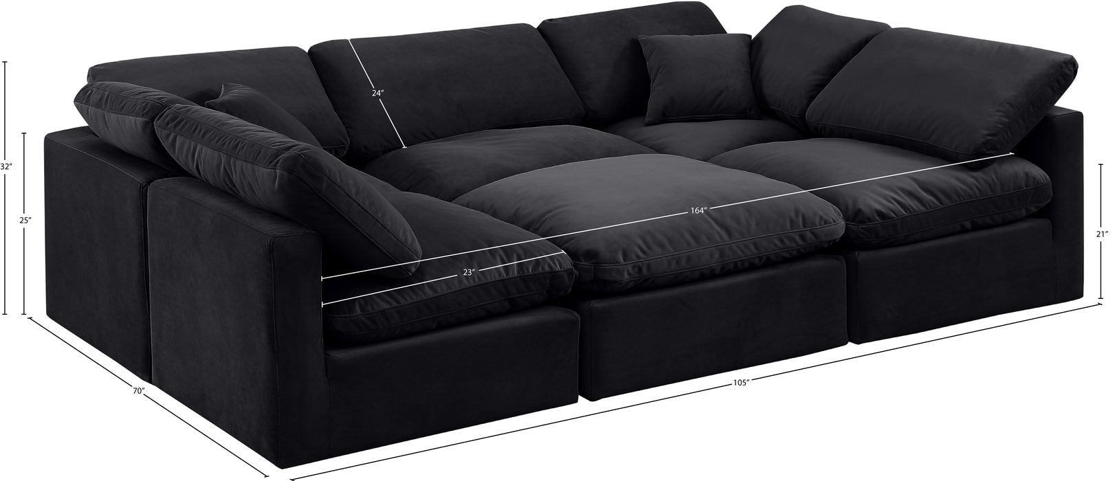 Meridian Furniture - Indulge 105" Black Velvet Upholstered 6pc. Sectional - 147Black-Sec6C - GreatFurnitureDeal