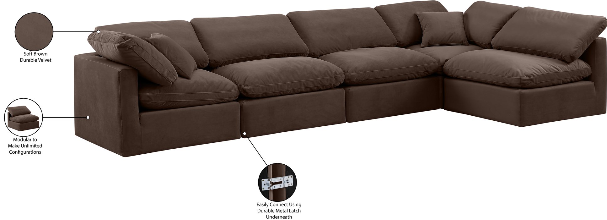 Meridian Furniture - Indulge 140" Brown Velvet Upholstered 5pc. Sectional - 147Brown-Sec5D - GreatFurnitureDeal