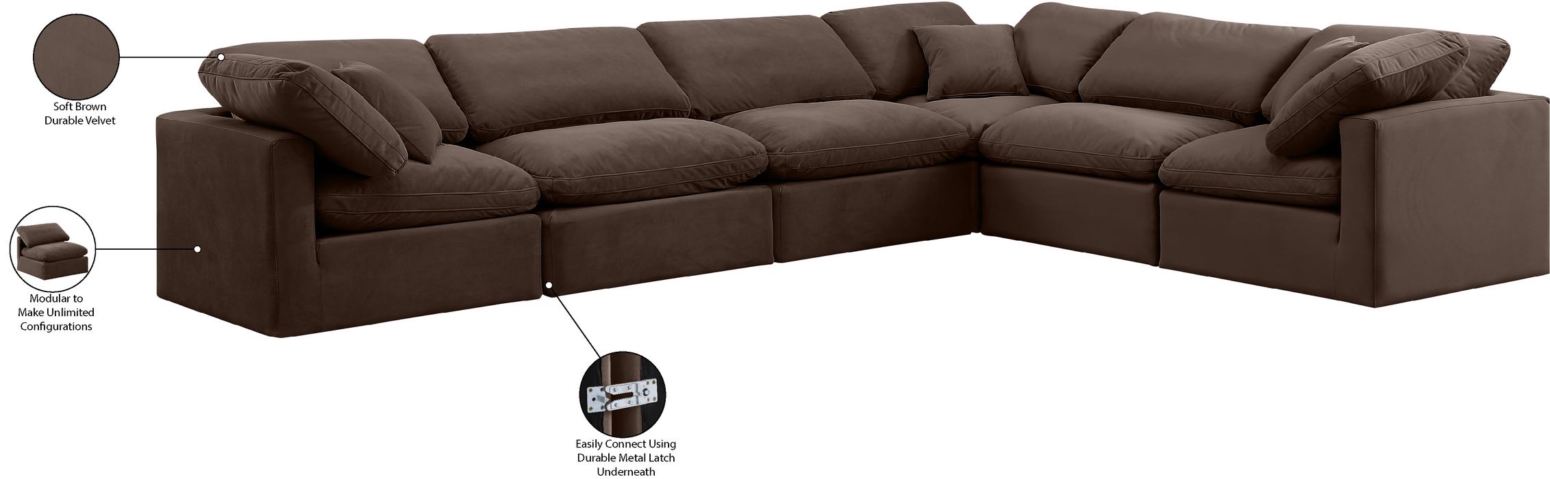 Meridian Furniture - Indulge 140" Brown Velvet Upholstered 6pc. Sectional - 147Brown-Sec6A - GreatFurnitureDeal